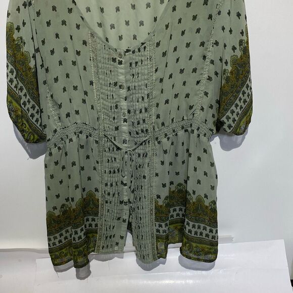 Loop 18 Women's Green Paisley Sheer Tie Waist Button Front Blouse Size 21/23 - Picture 2 of 8